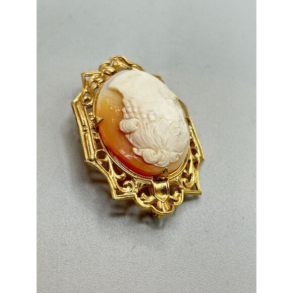 Vintage Cameo Pin Brooch Left Facing Genuine Carved Shell Art Deco Frame Setting - Picture 5 of 10